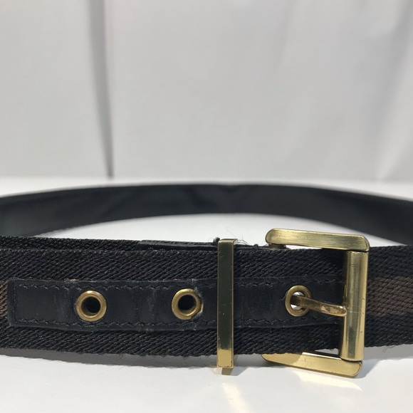 Authentic Gucci Woven Web and Leather Black & Chocolate Brown Logo Stripe Belt - Picture 6 of 16